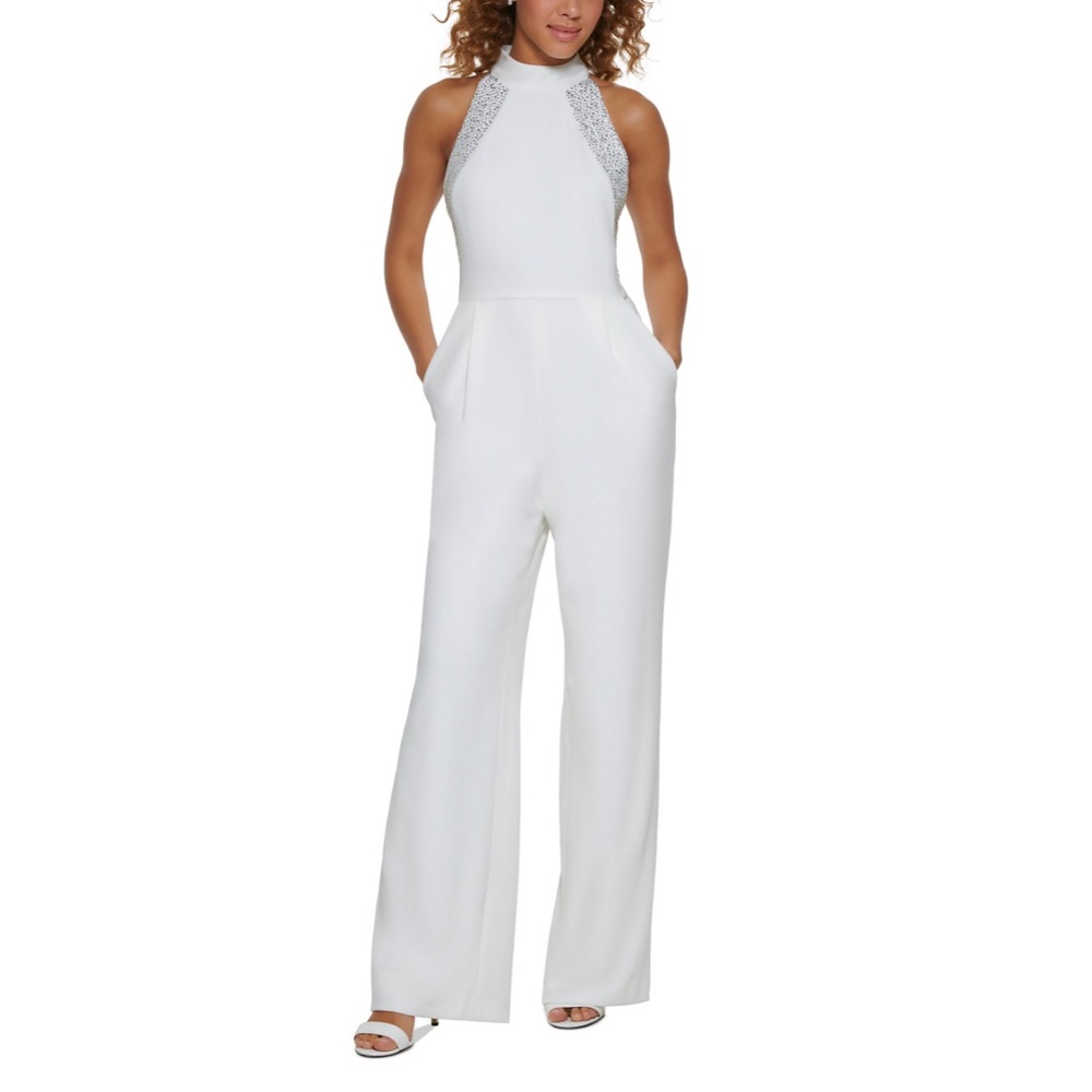 Calvin Klein White Halter Jumpsuit with Wide-Leg Silhouette
